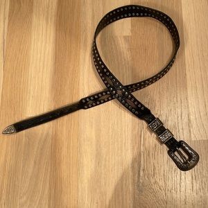 Men’s Italian black leather silver studs, copper mesh inset belt